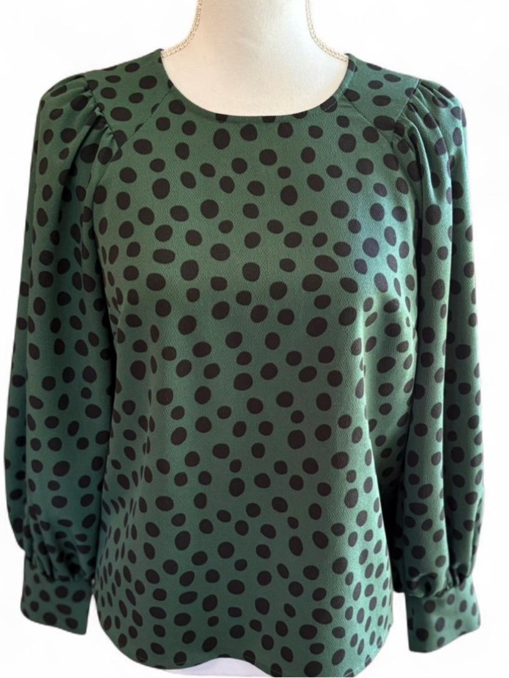 Who What Wear Green Blouse with Black Polka Dots